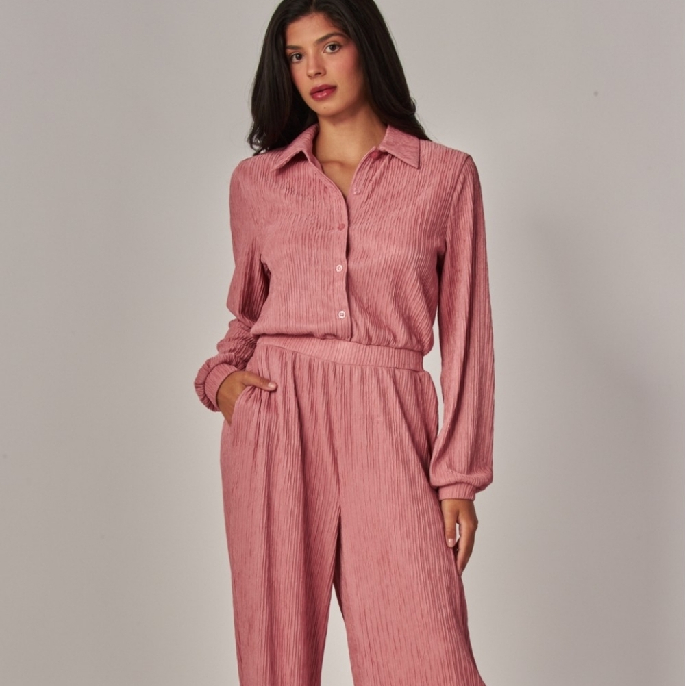 Pleated Button-Front Pink Jumpsuit